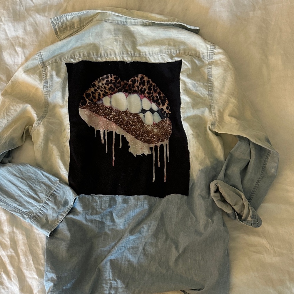 Denim Shirt with Graphic Lips Design